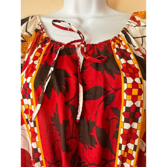 Ashley‎ Stewart 2X Tunic Top Red Floral Tie Neck Short Sleeve Blouse Fall Boho - Picture 2 of 8